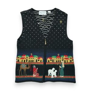 VTG Nativity Sweater Vest Women Large Knit Embroidered Christmas Miracle Zip Up‎